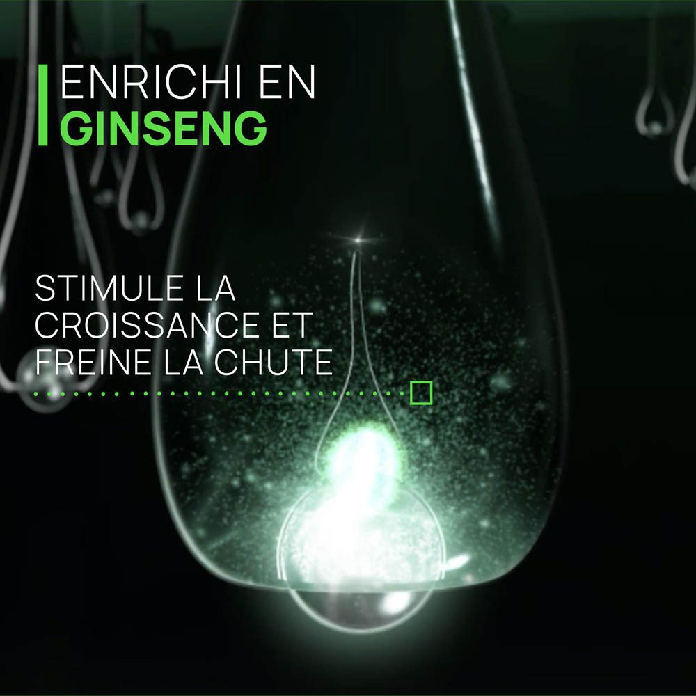 Goutte avec ingrédients. Texte : Enrichi en ginseng. Stimule la croissance.