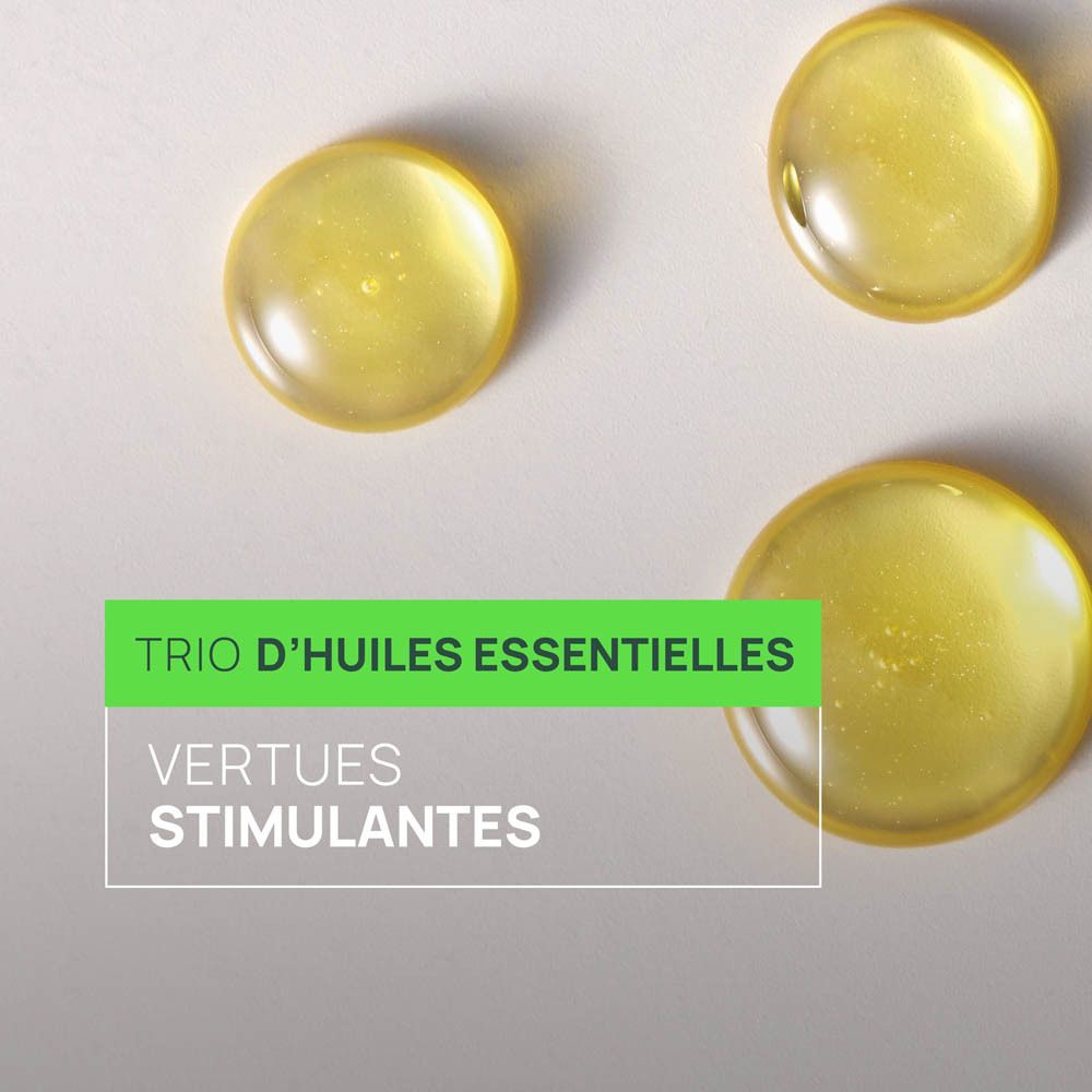 Trois gouttes jaunes. Texte : Trio d'huiles essentielles. Vertus stimulantes.
