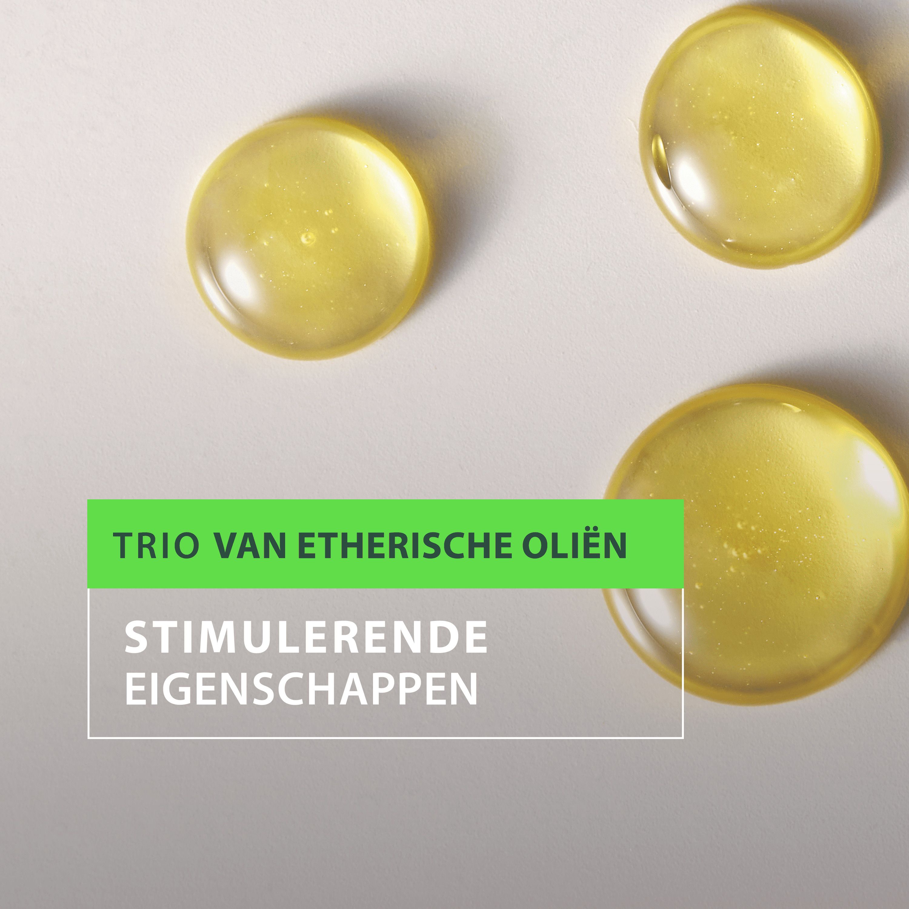 Drie gele druppels. Tekst: Trio van etherische oliën. Stimulerende eigenschappen.
