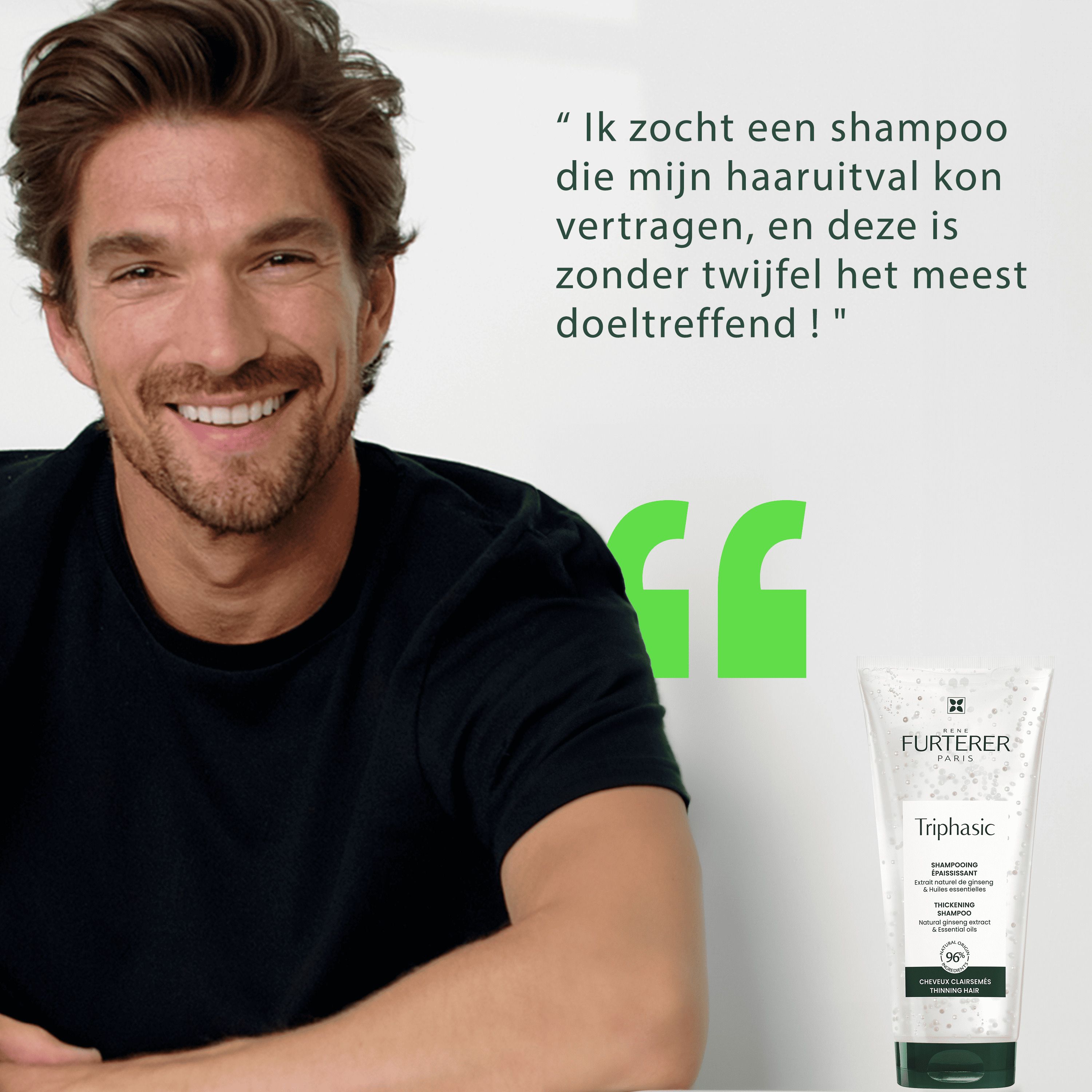 Lachende man. Citaat: Ik zocht een shampoo die mijn haaruitval kon vertragen.