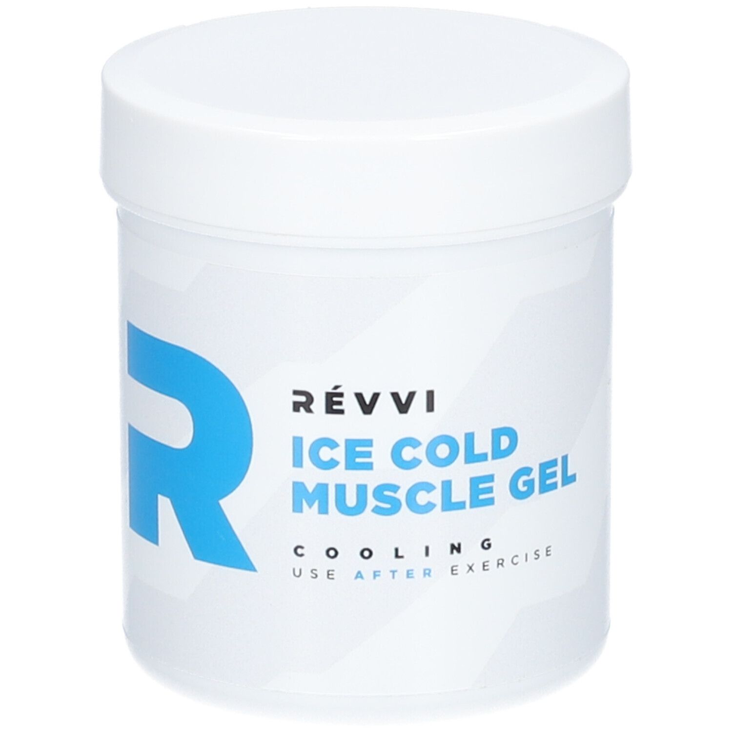 Pot blanc avec logo "R" bleu et texte "ICE COLD MUSCLE GEL". Couvercle. Texte: "COOLING USE AFTER EXERCISE".