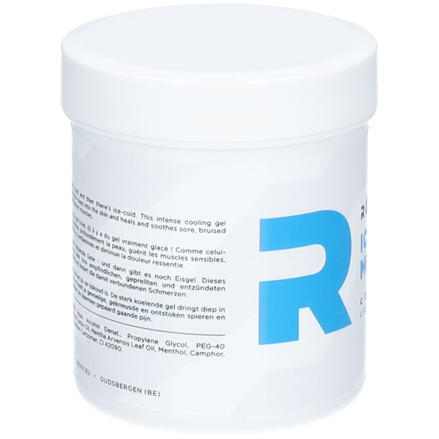 Pot blanc avec logo "R" bleu. Texte au dos. Contient du texte en anglais, français et allemand. Couvercle.