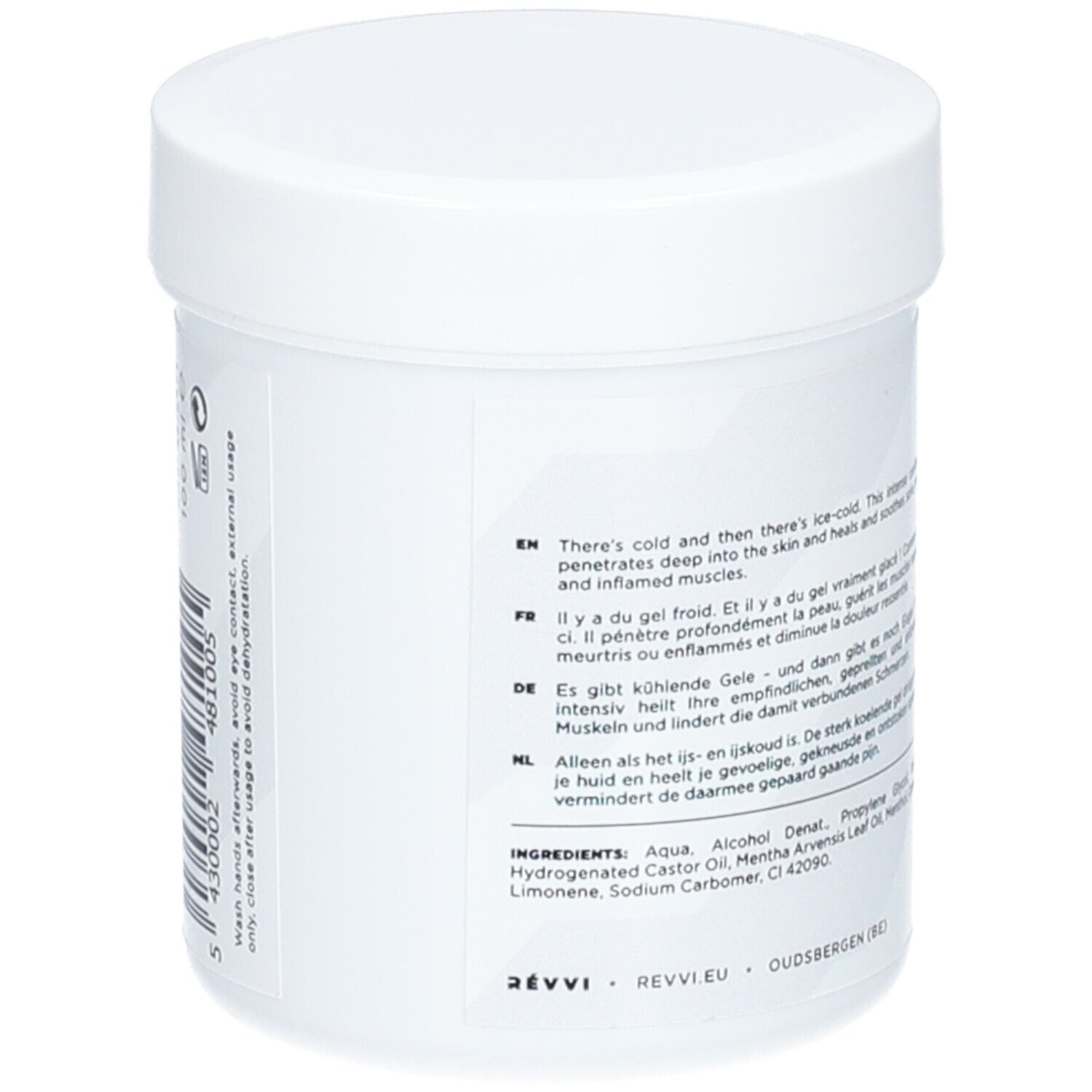 Pot blanc avec texte au dos. Contient du texte en anglais, français et allemand. Couvercle.