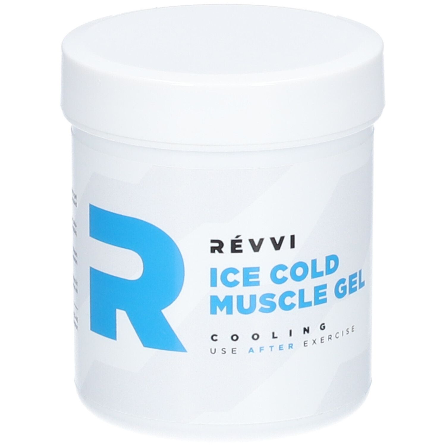 Pot blanc avec logo "R" bleu et texte "ICE COLD MUSCLE GEL". Couvercle.