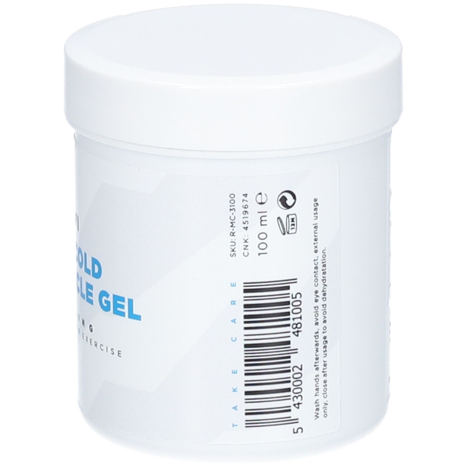Pot blanc avec texte "ICE COLD MUSCLE GEL". Couvercle. Code-barres et texte au dos.