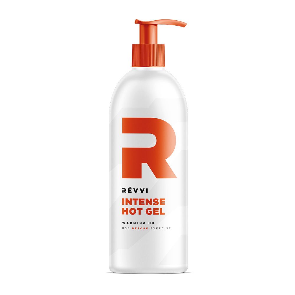 Witte fles met oranje 'R' en tekst 'RÉVVI INTENSE HOT GEL'. Met doseerpomp.