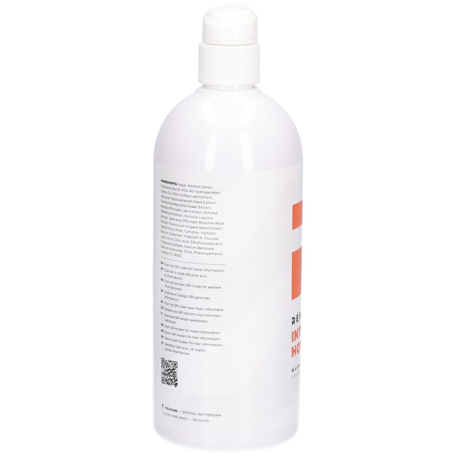 Flacon blanc avec texte et code QR. Pompe doseuse. Dos avec ingrédients et informations.