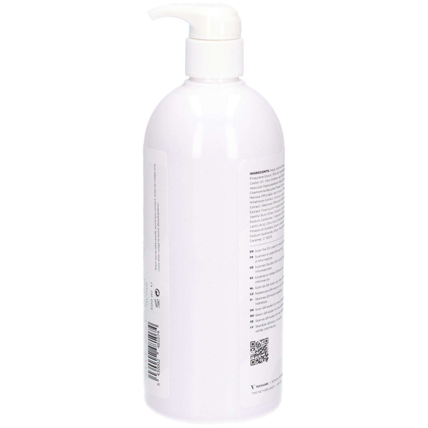 Flacon blanc avec texte et code QR. Pompe doseuse. Dos avec ingrédients et informations.