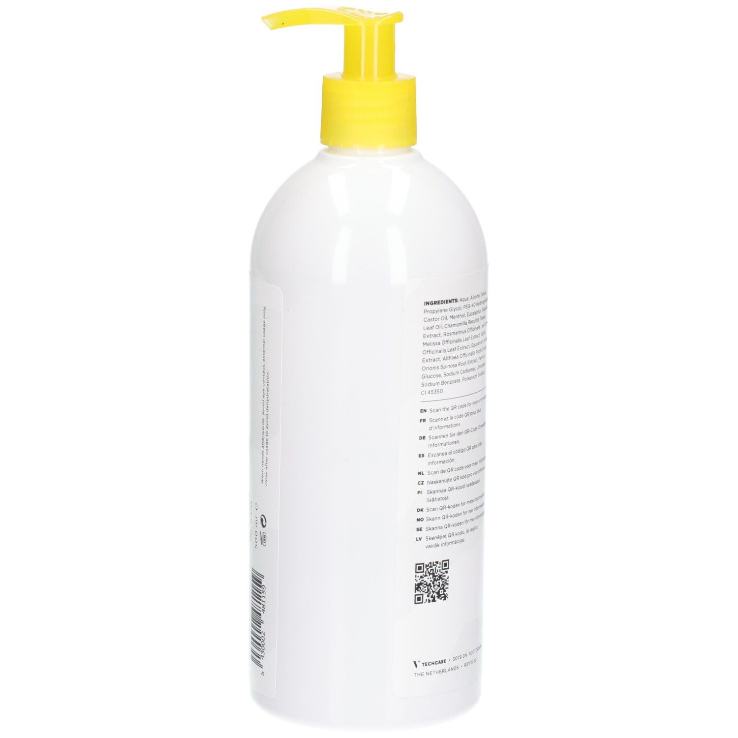 Dos du flacon blanc avec pompe jaune. Texte avec ingrédients et code QR. Nom du produit : RÉVVI FRESH FEET GEL.