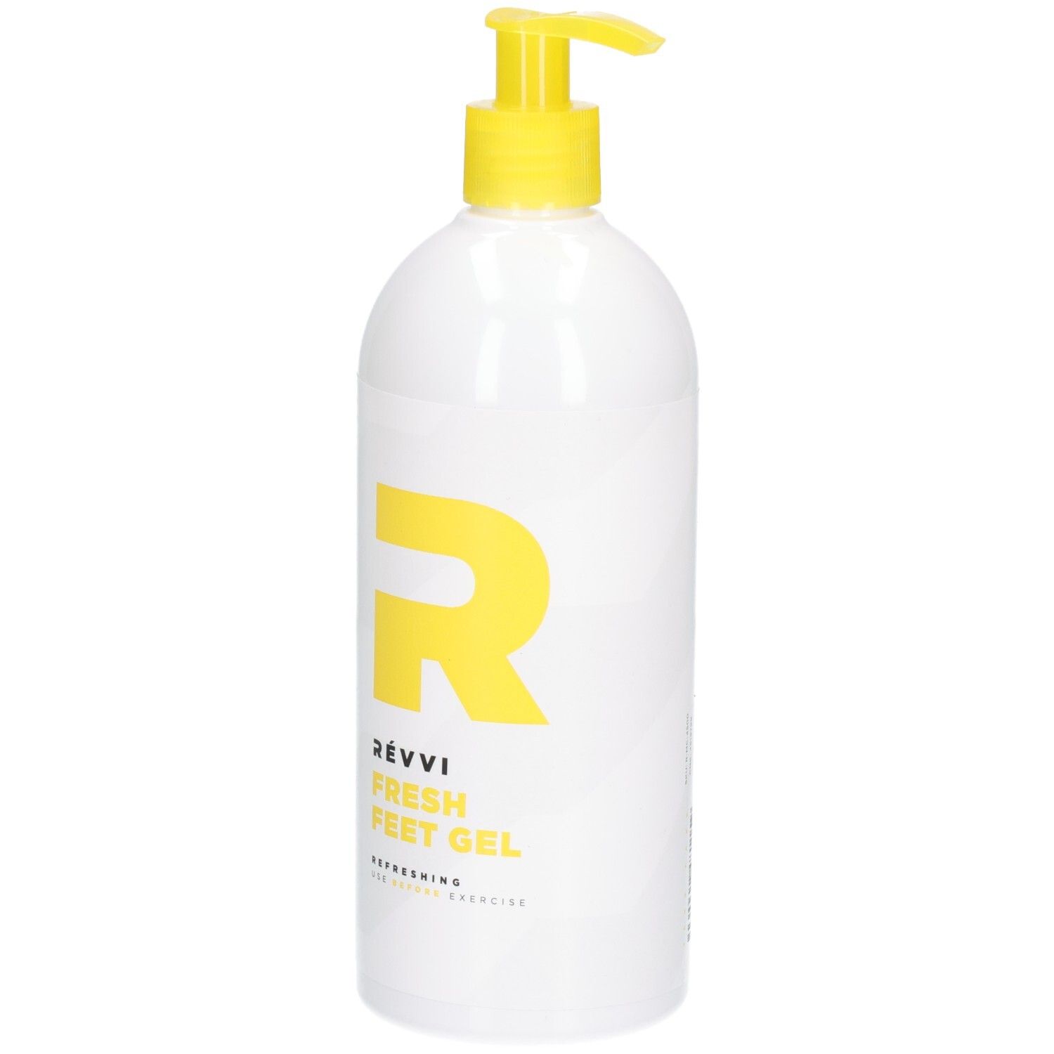 Flacon blanc avec pompe jaune. Grand "R" jaune et nom du produit : RÉVVI FRESH FEET GEL. Texte : REFRESHING FOR ACTIVE EXERCISE.