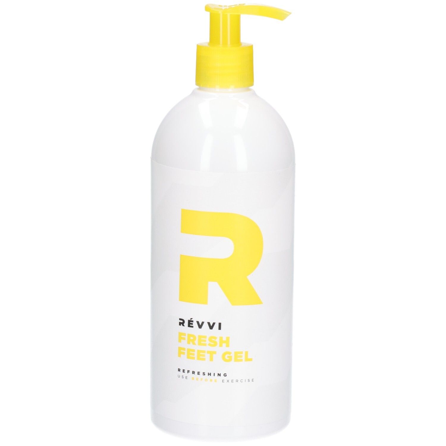 Flacon blanc avec pompe jaune. Grand "R" jaune et nom du produit : RÉVVI FRESH FEET GEL. Texte : REFRESHING FOR ACTIVE EXERCISE.