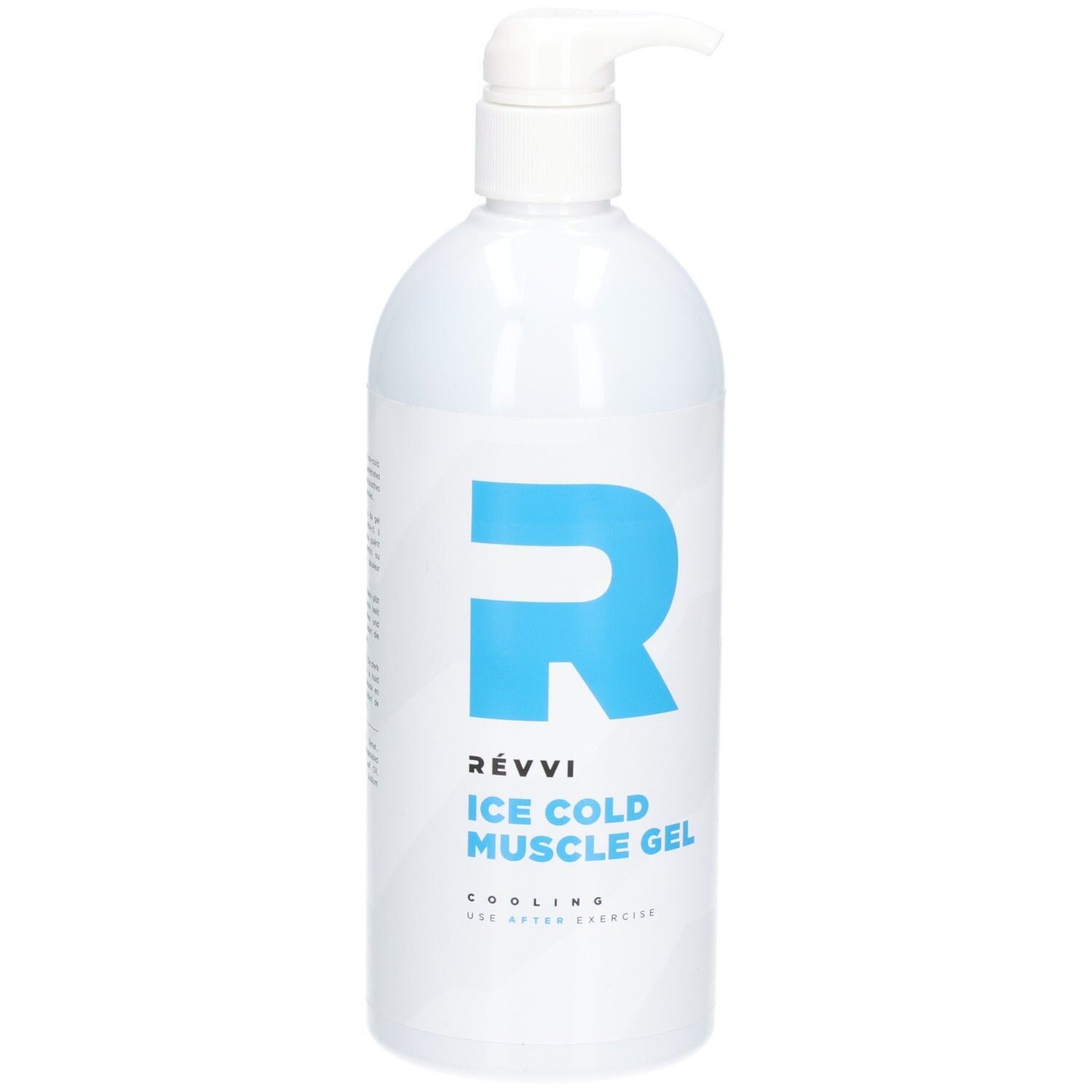 Flacon blanc avec logo "R" bleu et texte: RÉVVI ICE COLD MUSCLE GEL. Avec pompe. Rafraîchissant, après l'exercice.