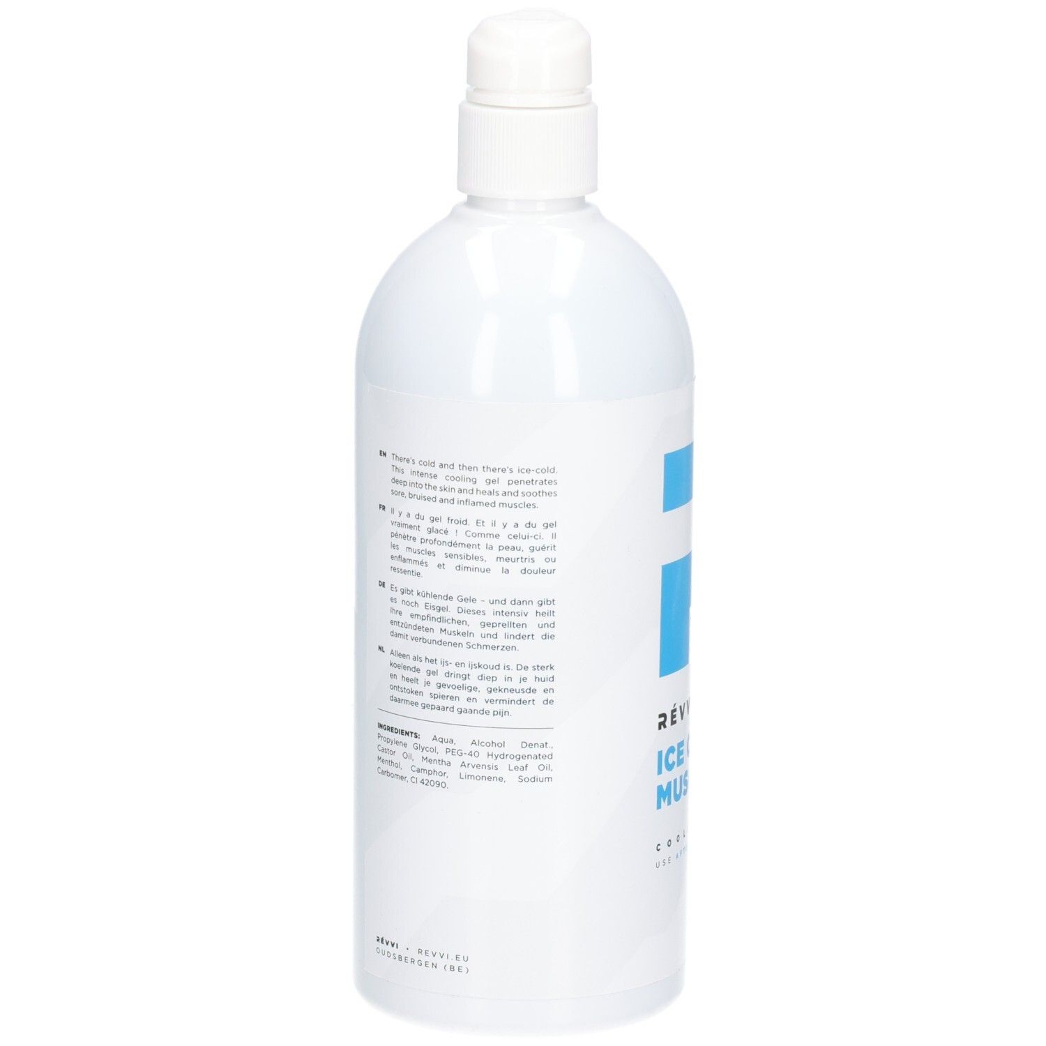 Dos d'un flacon blanc avec texte. Contient ingrédients et instructions d'utilisation. Pompe.