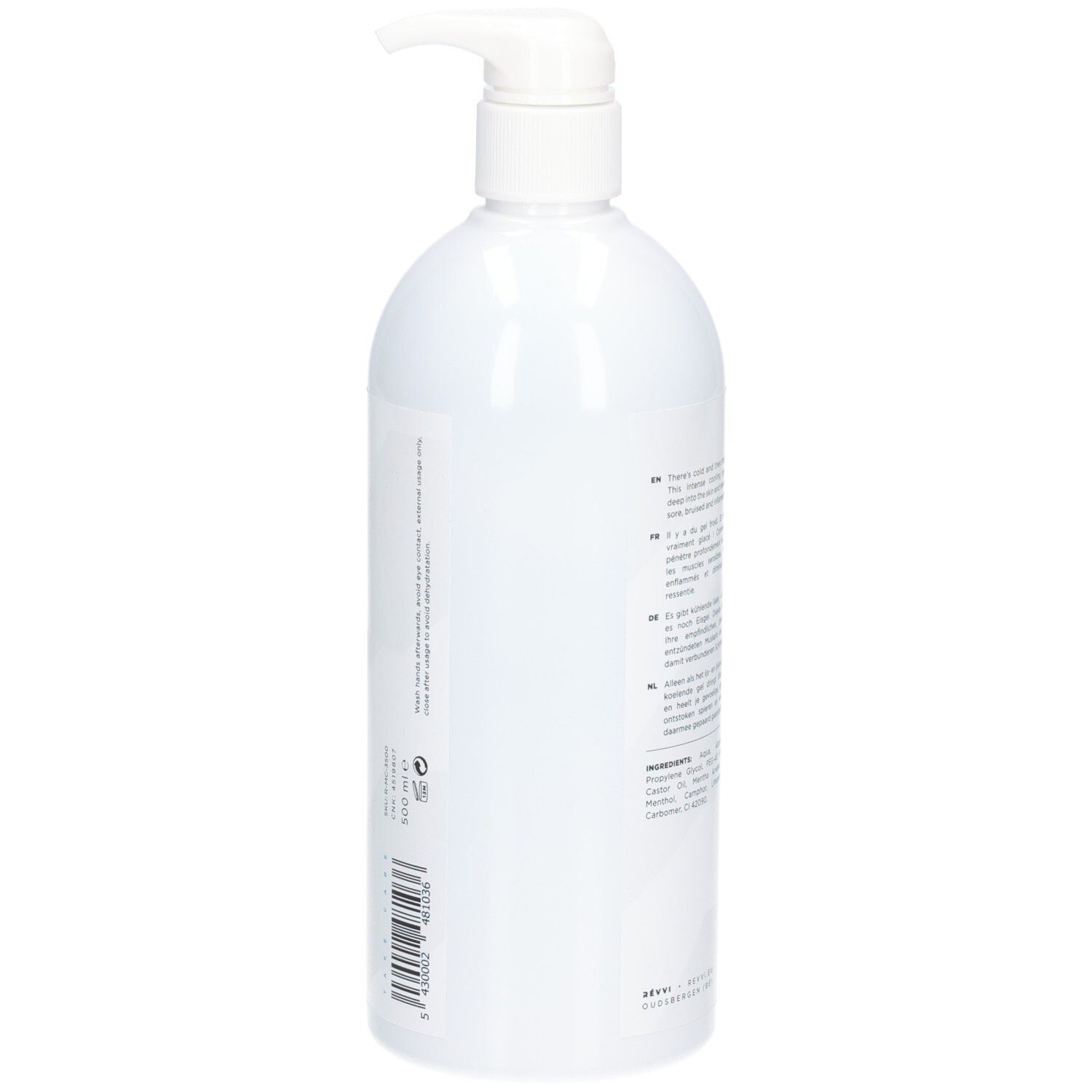 Vue arrière d'un flacon blanc avec texte et code-barres. Pompe.