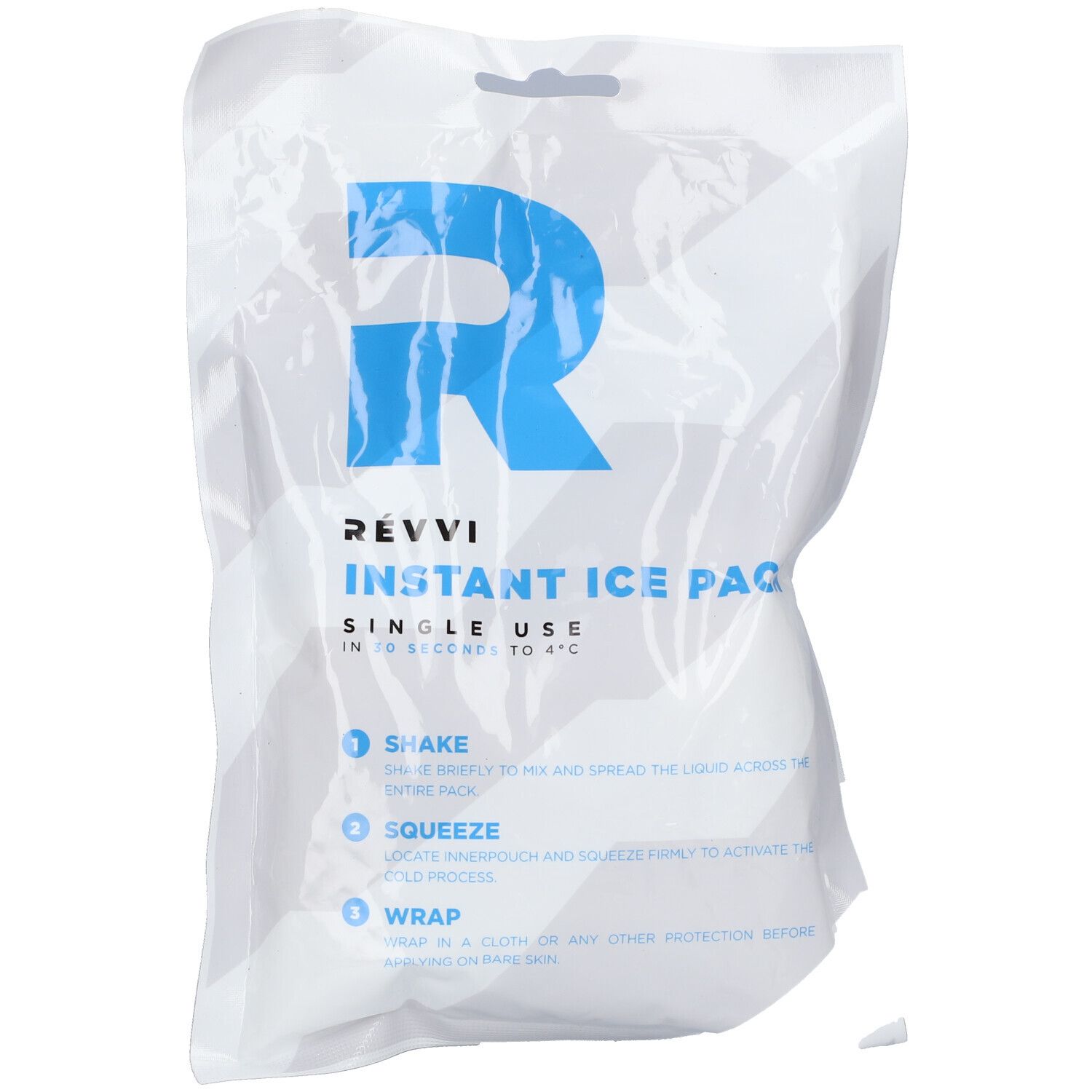 Witte zak met blauw "R"-logo en tekst. "RÉVVI Instant Ice Pack" en instructies. Enkele verpakking.