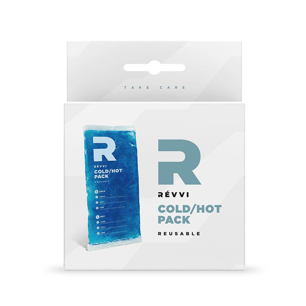 Pack RÉVVI Cold/Hot Pack dans un emballage blanc. Pack de gel bleu. Réutilisable. Logo et texte sur l'emballage.