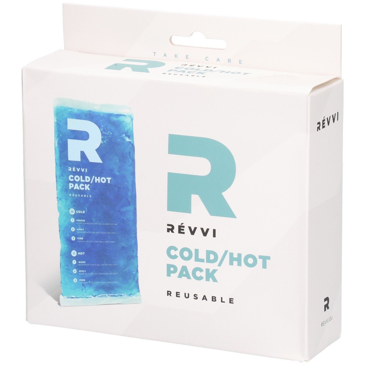 RÉVVI Cold/Hot Pack in witte verpakking. Blauw gelpack. Herbruikbaar. Logo en tekst op de verpakking.