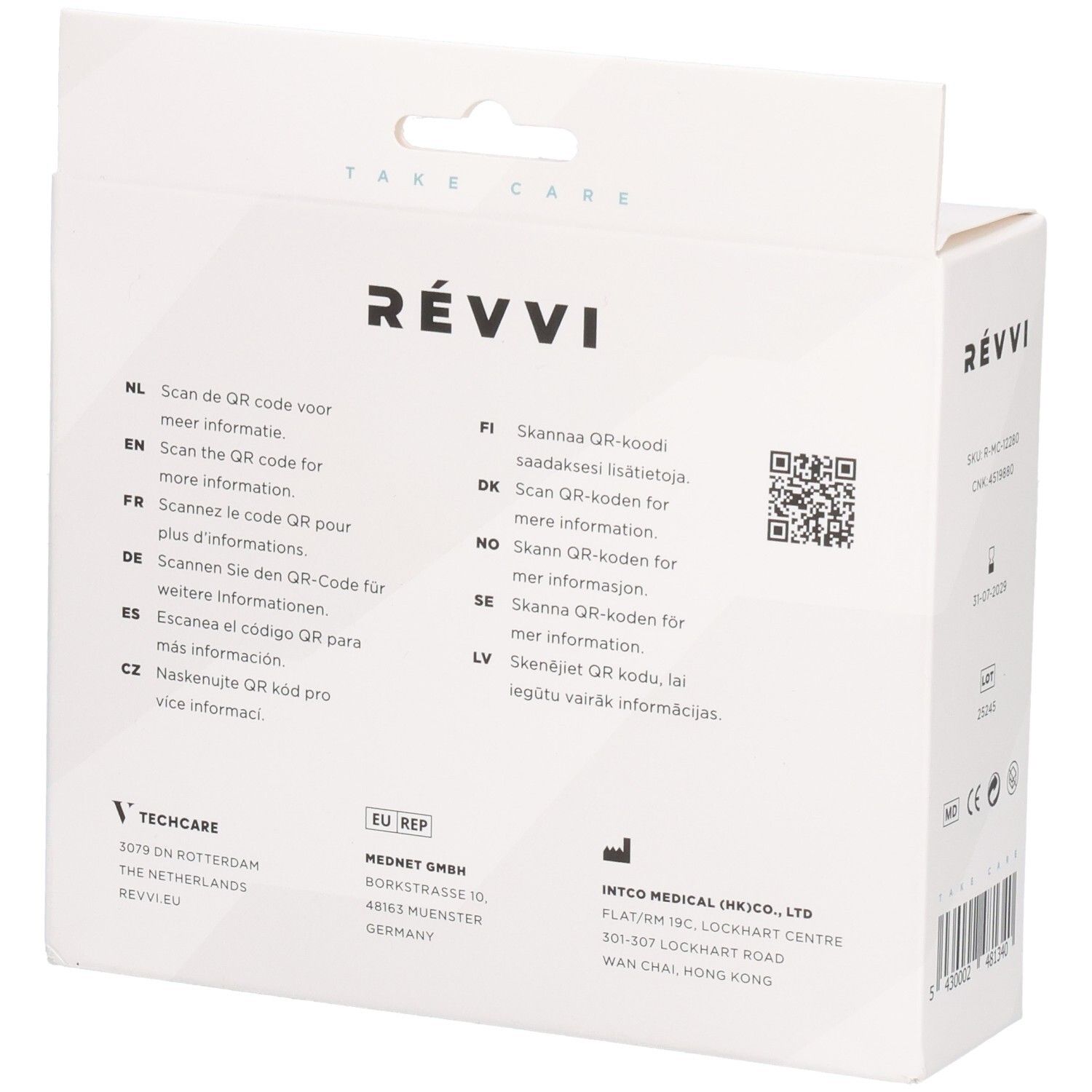 Achterkant van de RÉVVI Cold/Hot Pack verpakking. Meertalige teksten. QR-code. Fabrikantinformatie. Witte doos.