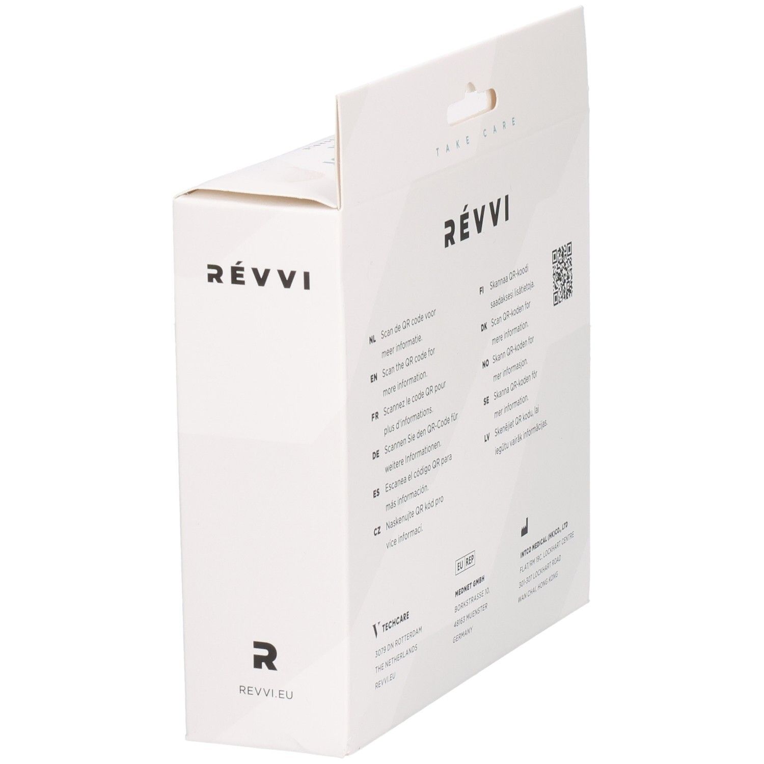 RÉVVI Cold/Hot Pack verpakking. Zijkant met logo en tekst. Witte doos. QR-code. Fabrikantinformatie.