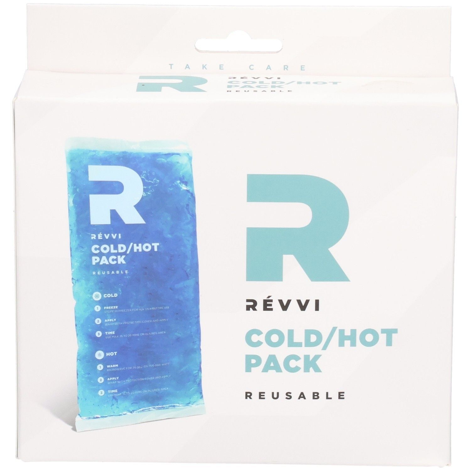 RÉVVI Cold/Hot Pack in witte verpakking. Blauw gelpack. Herbruikbaar. Logo en tekst op de verpakking.