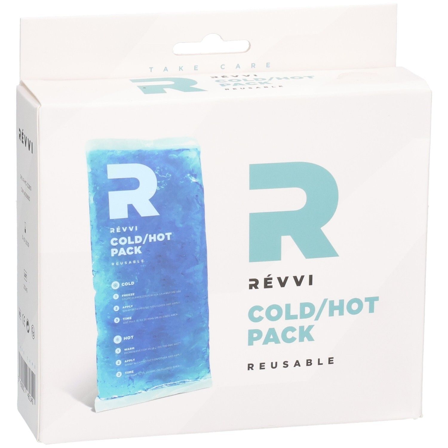 RÉVVI Cold/Hot Pack in witte verpakking. Blauw gelpack. Herbruikbaar. Logo en tekst op de verpakking.
