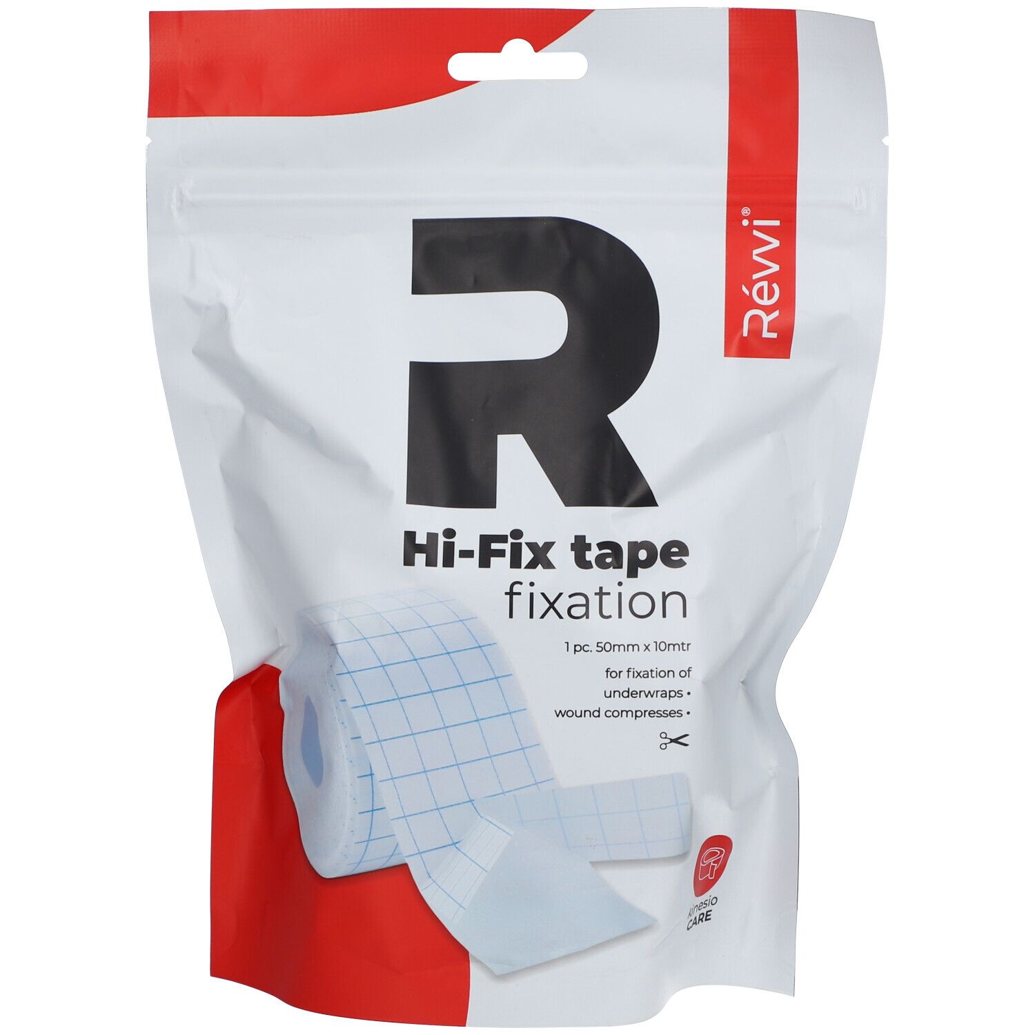 Zak met Hi-Fix tape. Zichtbaar: rol tape, 50mm x 10m, met raster. Tekst: Hi-Fix tape fixation, Révi logo.