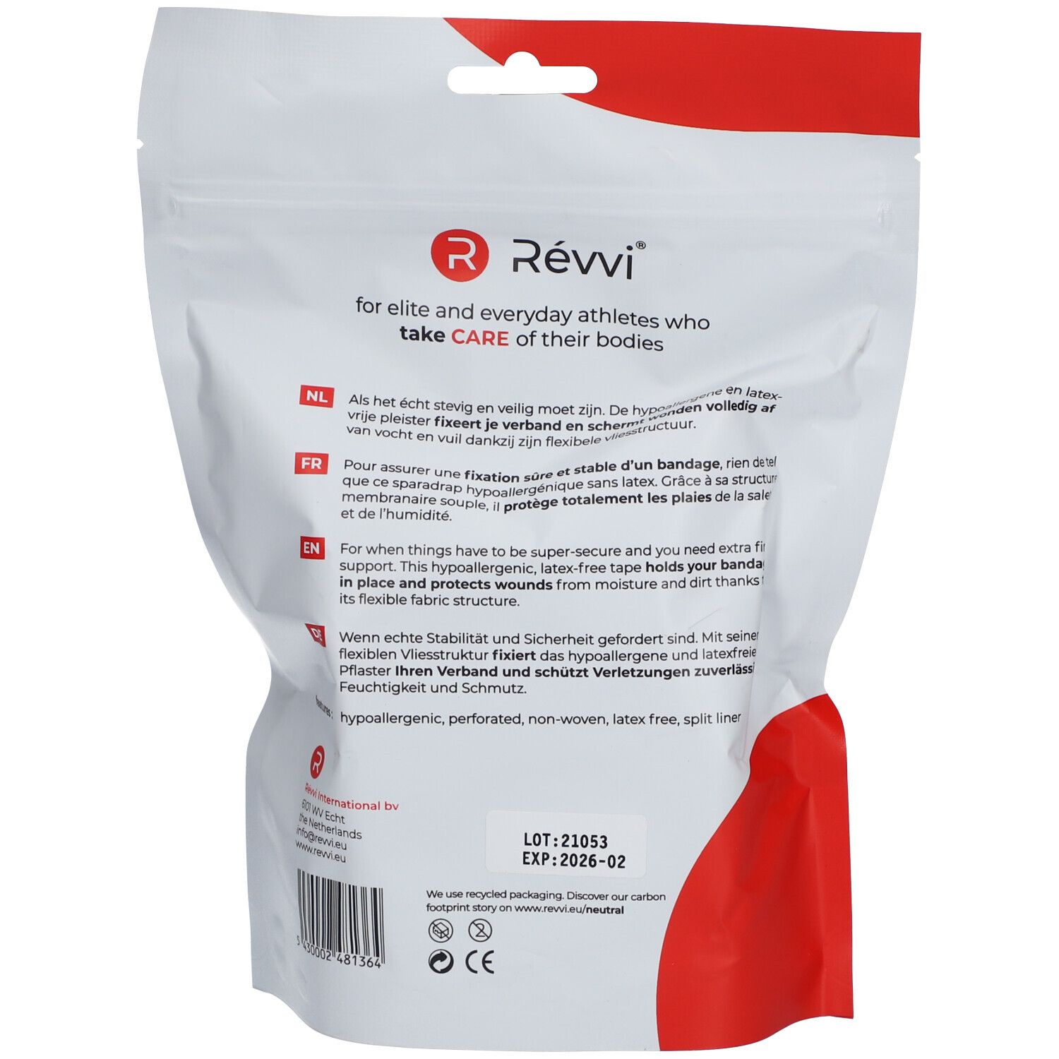 Achterkant van de verpakking. Tekst: Révi logo, tekst in Nederlands, Frans, Engels, Duits. Informatie over ingrediënten.