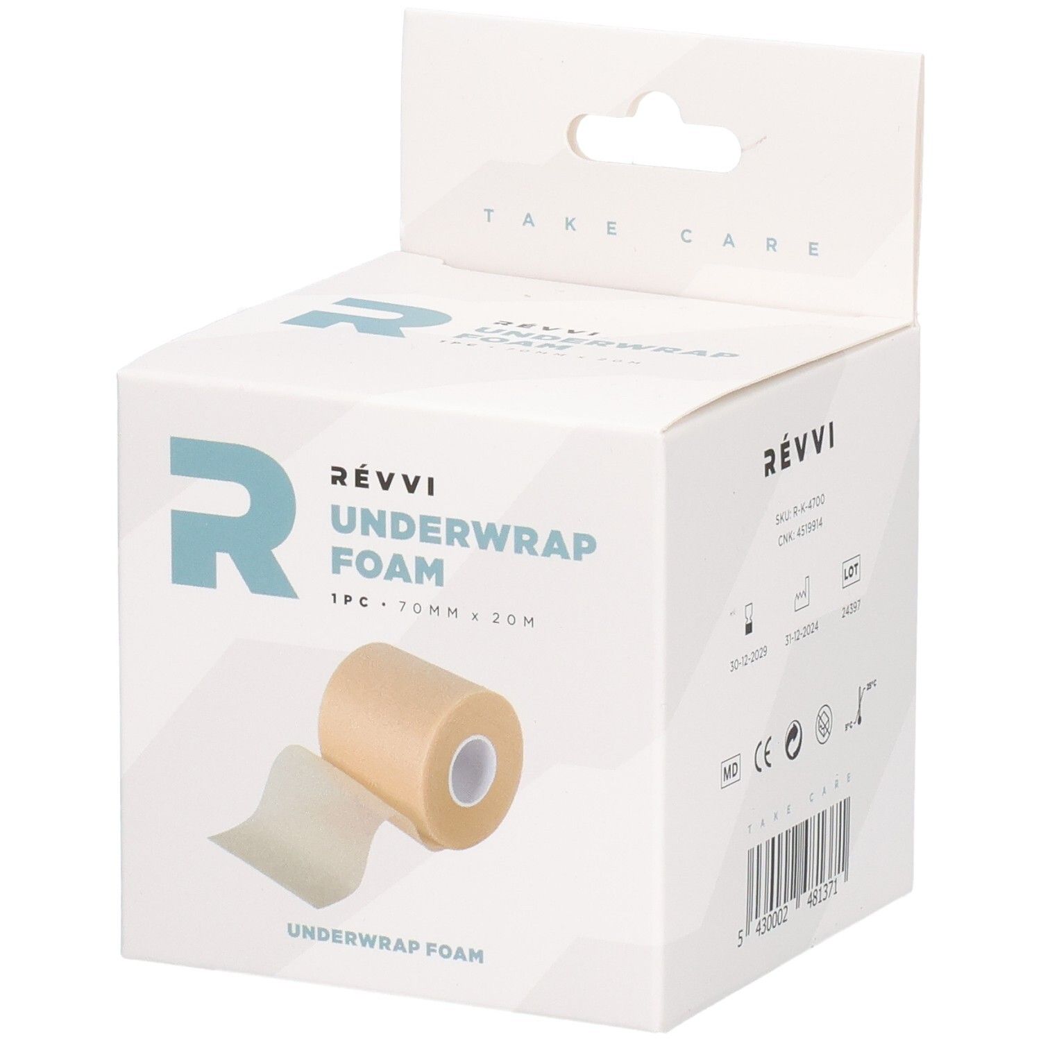 RÉVVI Underwrap Foam-doos. Bevat een rol schuim. 70 mm x 20 m. Beige rol en witte beschermlaag.