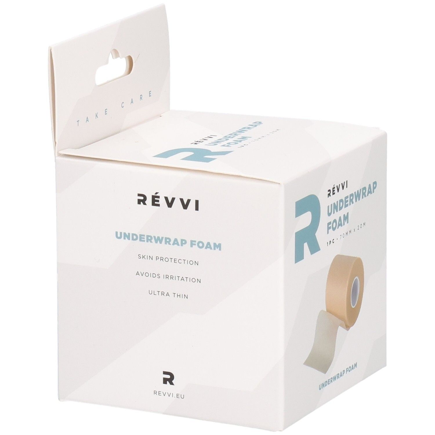 RÉVVI Underwrap Foam-doos. Opschrift: Skin Protection, Avoids Irritation, Ultra Thin. Beige rol en witte laag.