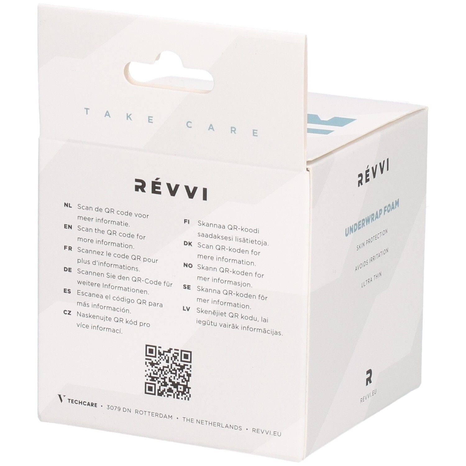 Achterkant van de RÉVVI Underwrap Foam-doos. QR-code en informatie in verschillende talen. Tekst: Take Care.