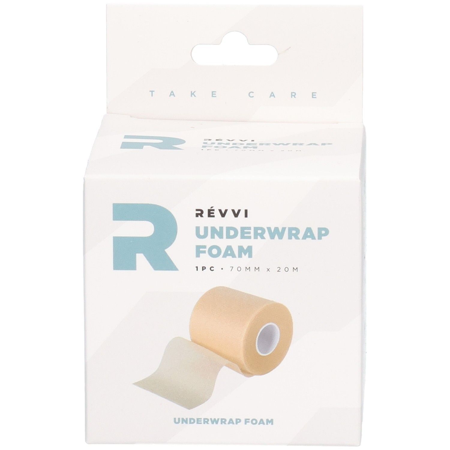 RÉVVI Underwrap Foam-doos. Bevat een rol schuim. 70 mm x 20 m. Beige rol en witte beschermlaag.