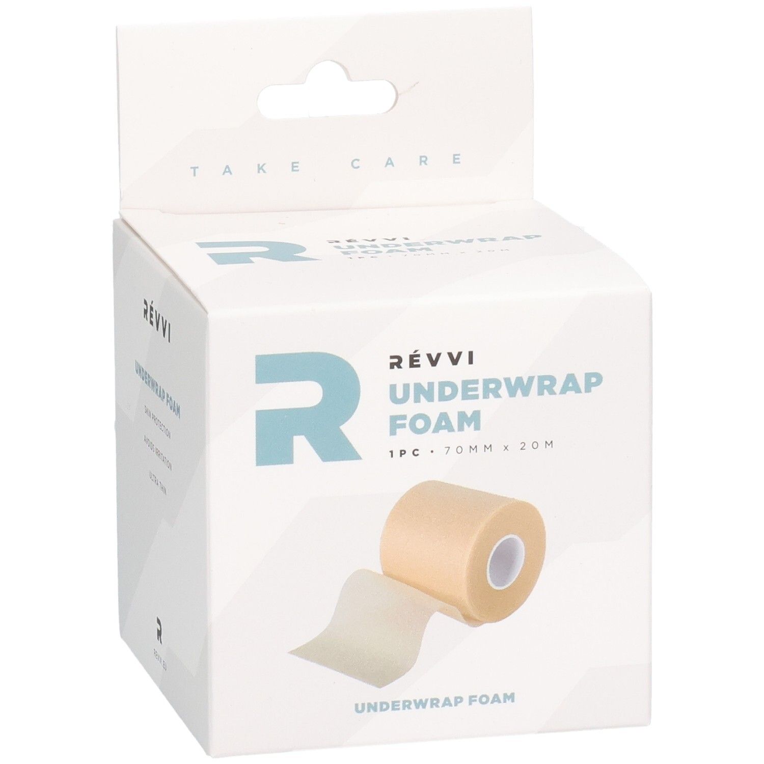 RÉVVI Underwrap Foam-doos. Bevat een rol schuim. 70 mm x 20 m. Beige rol en witte beschermlaag.