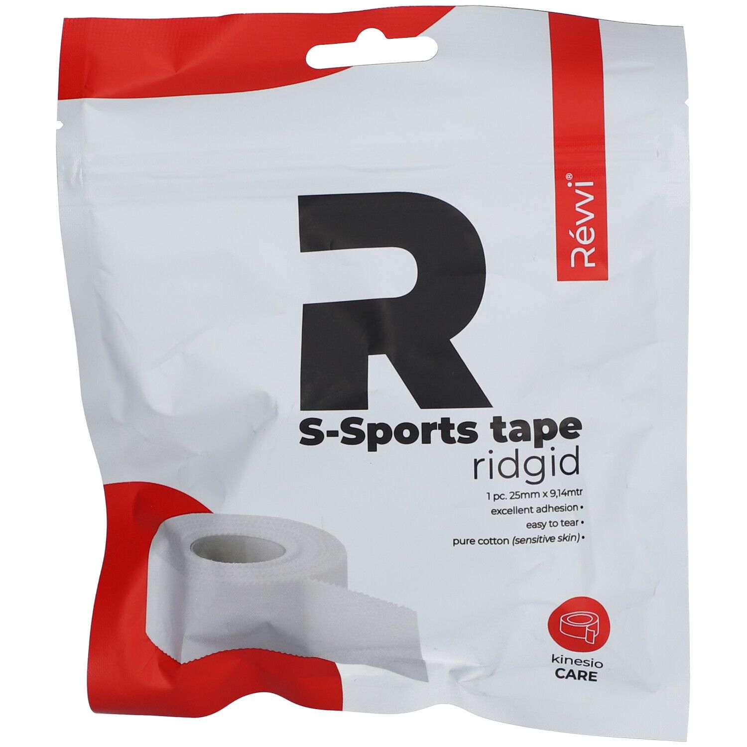 Witte rol S-Sports Tape ridgid in een witte verpakking met rode accenten. Opschrift: Révvi, S-Sports tape ridgid, 25 mm x 9,14 m.