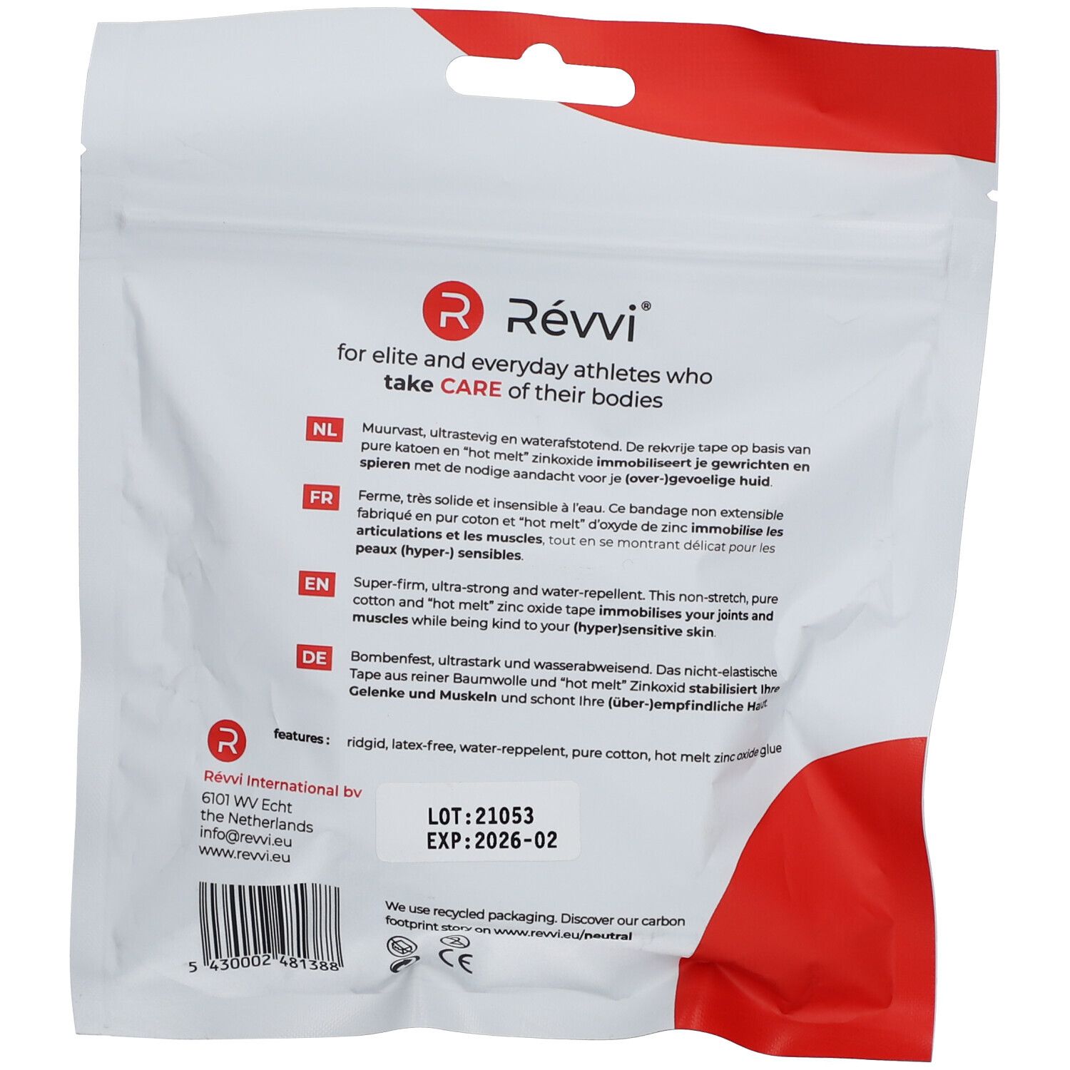 Achterkant van de verpakking met tekst in het Nederlands, Frans, Engels en Duits. Révvi-logo. Tekst: voor elite- en alledaagse atleten die voor hun lichaam zorgen.
