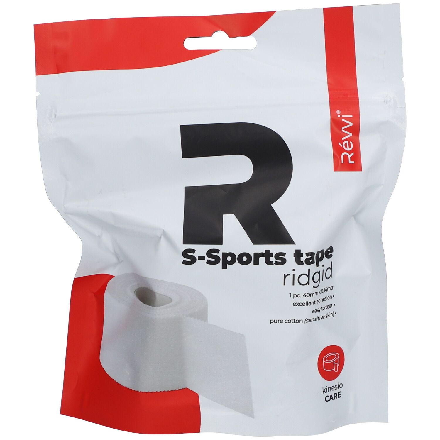 Witte rol S-Sports Tape in zak. Opdruk: Révvi, S-Sports tape ridgid, 40 mm x 9,14 m. Kinesio Care.