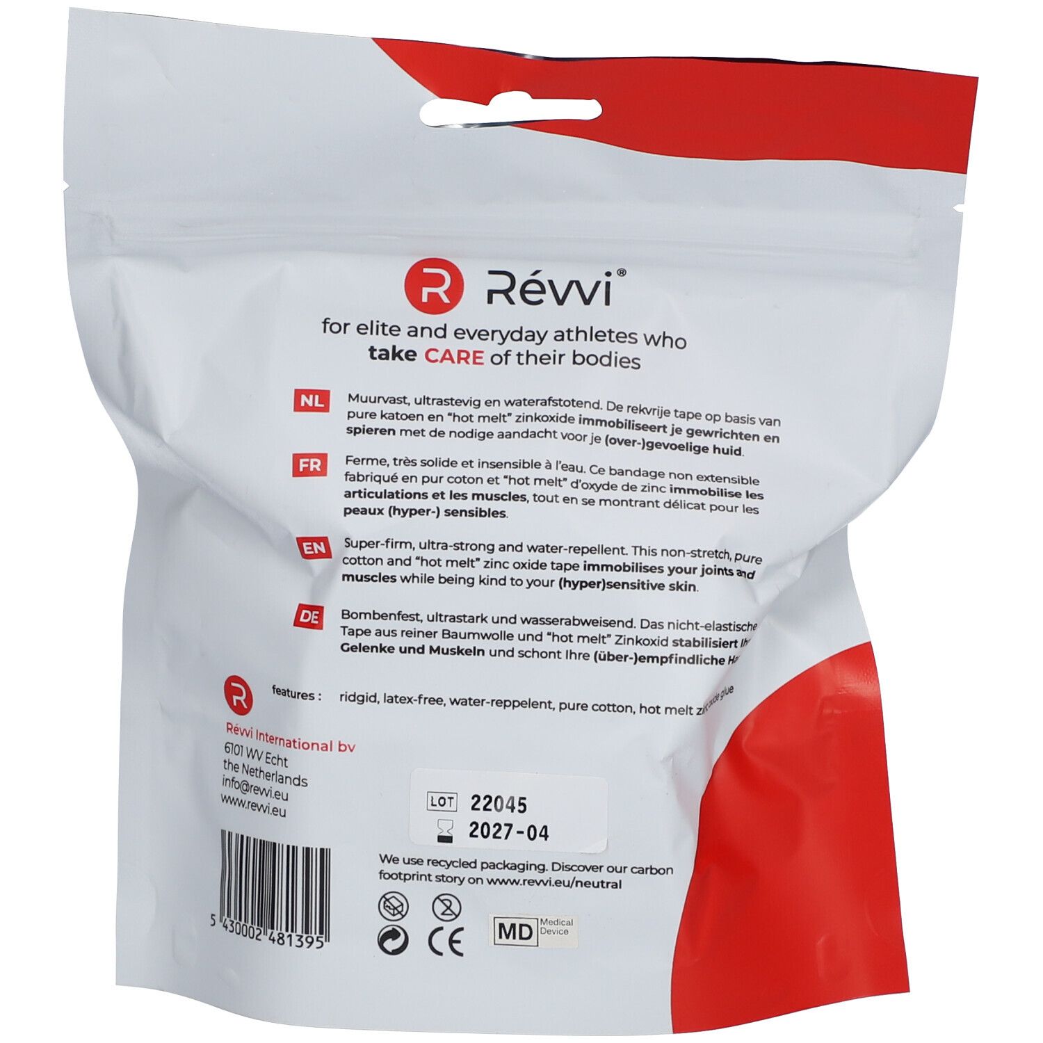 Achterkant van de verpakking. Tekst: Révvi, voor sporters. Informatie in NL, FR, EN, DE. Lotnummer en houdbaarheidsdatum.