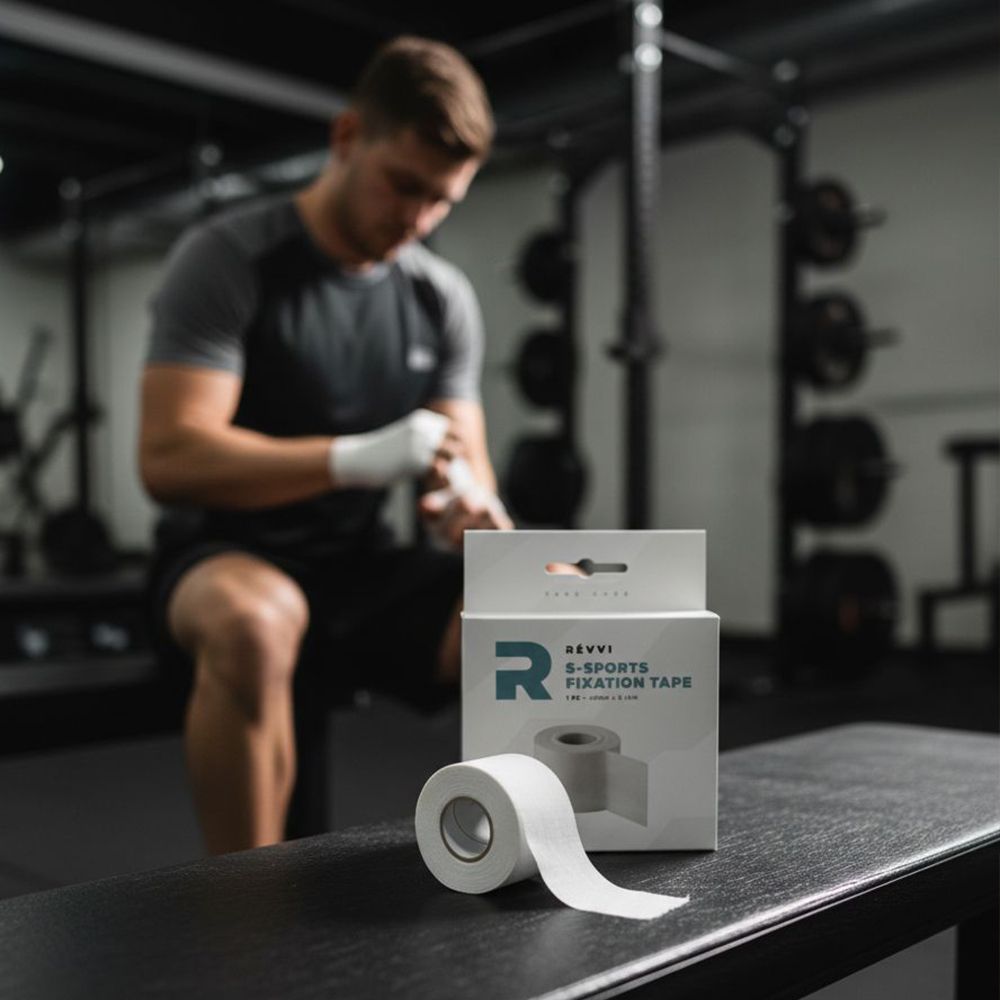 Personne qui pose du tape. Devant: boîte et rouleau de S-Sports Fixation Tape. Inscriptions: Révvi, S-Sports Fixation Tape.