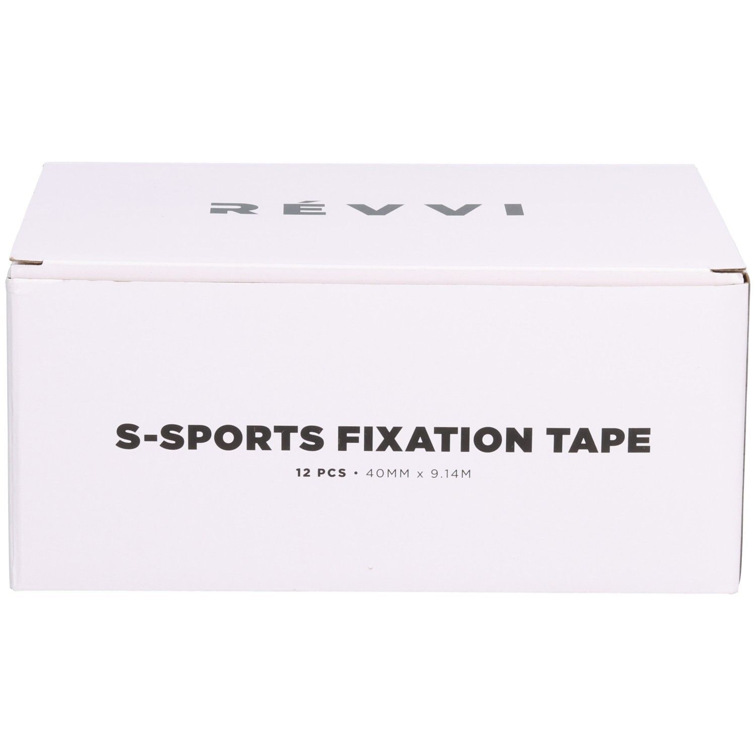 Witte doos met zwarte tekst: RÉVVI, S-SPORTS FIXATION TAPE, 12 stuks, 40 mm x 9,14 m. Productverpakking.