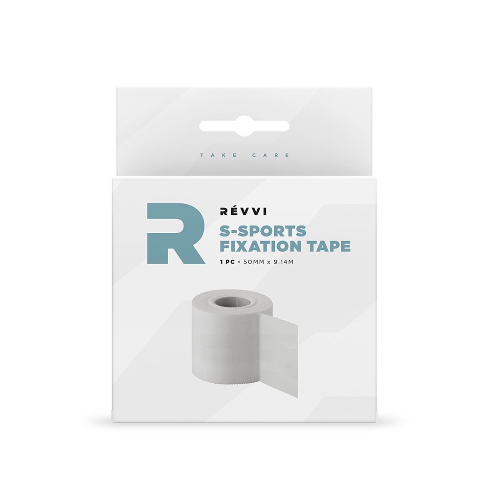 Boîte de RÉVVI S-Sports Fixation Tape. Rouleau de ruban adhésif, 50 mm x 9,14 m. Carton blanc avec logo et texte.