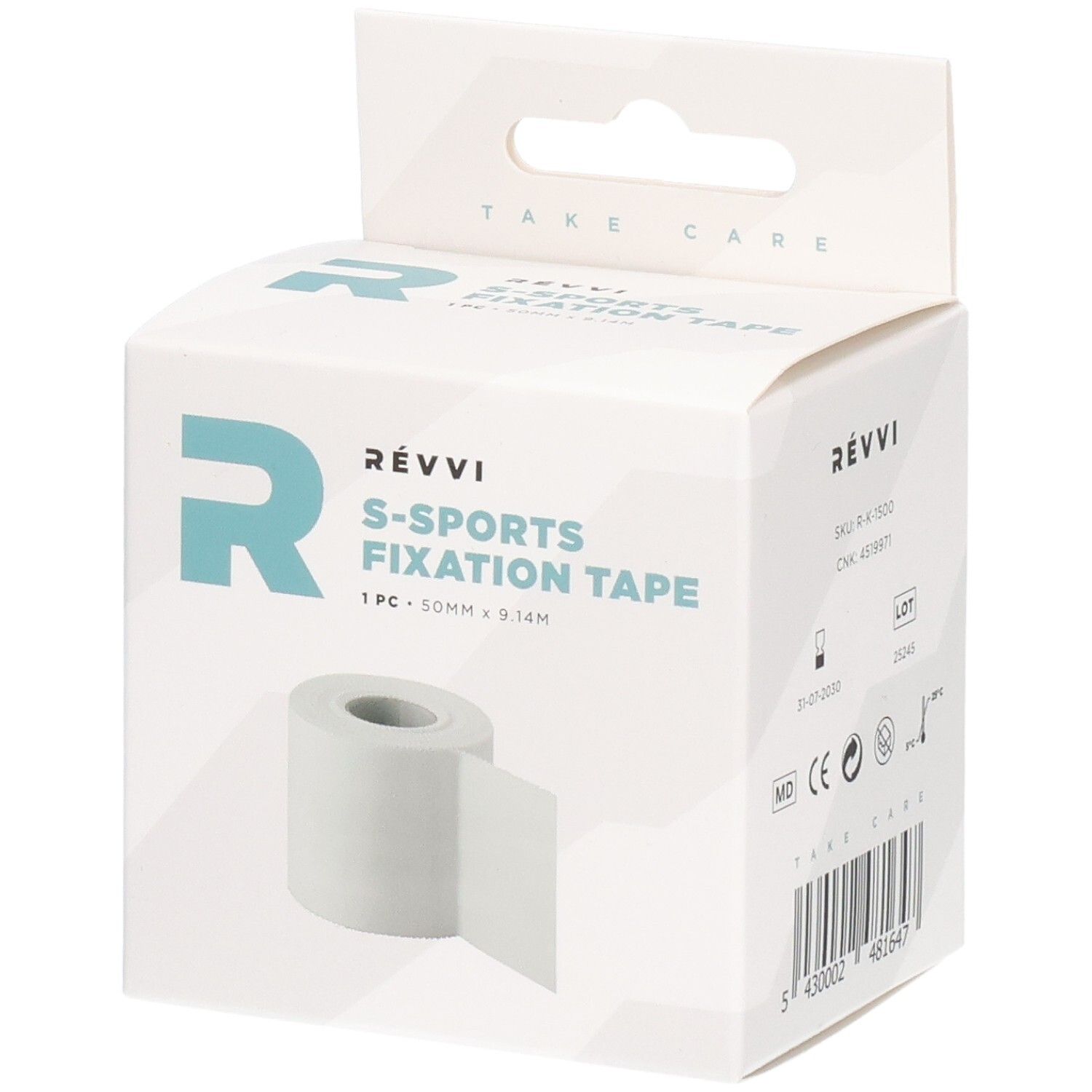 RÉVVI S-Sports Fixatietape. Witte rol in witte doos. 50 mm x 9,14 m. Merk en productnaam duidelijk zichtbaar.
