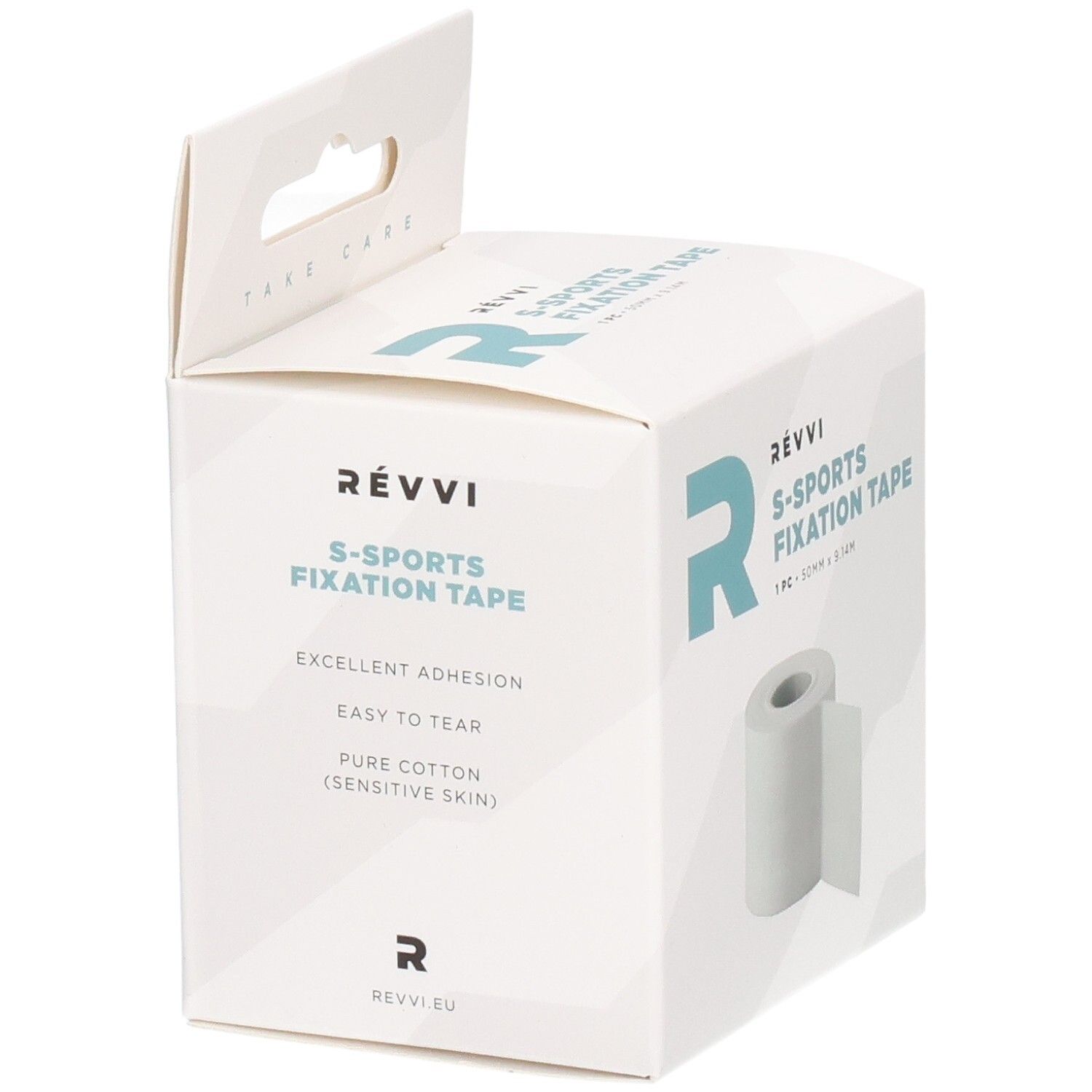 RÉVVI S-Sports Fixatietape. Witte rol in witte doos. Kenmerken: Excellent Adhesion, Easy to Tear, Pure Cotton (Sensitive Skin).