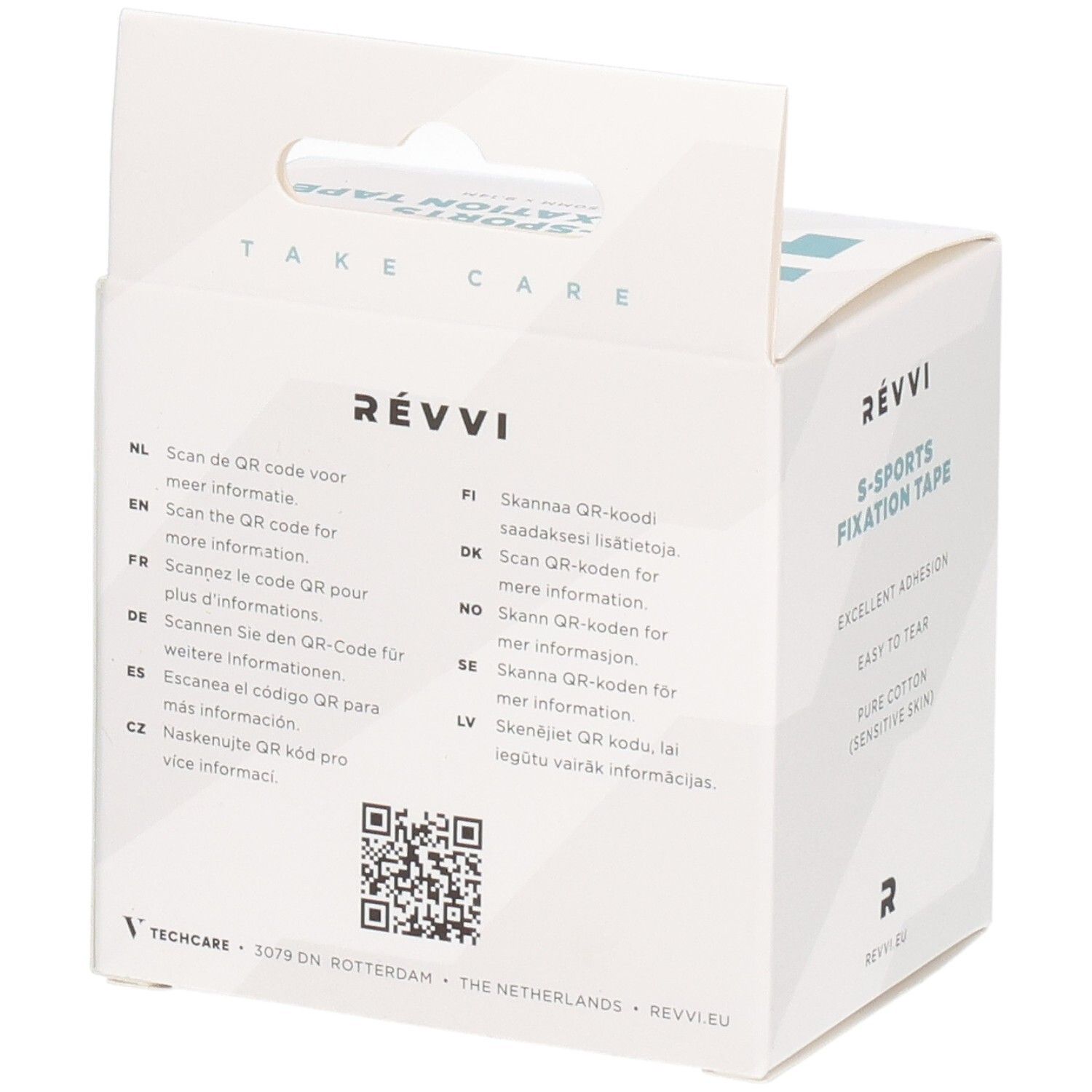 Achterkant van de verpakking van RÉVVI S-Sports Fixatietape. QR-code en informatie over gebruik in verschillende talen.