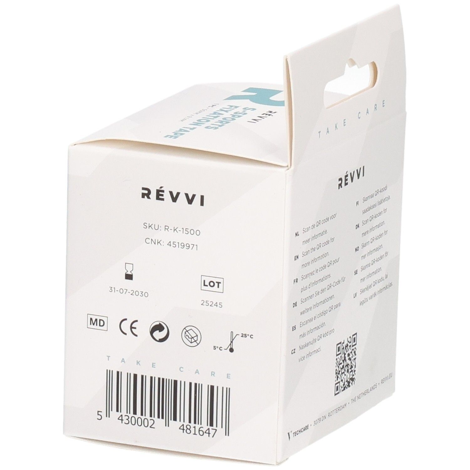 Achterkant van de verpakking van RÉVVI S-Sports Fixatietape. Productinformatie, lotnummer, MD-markering en barcode.
