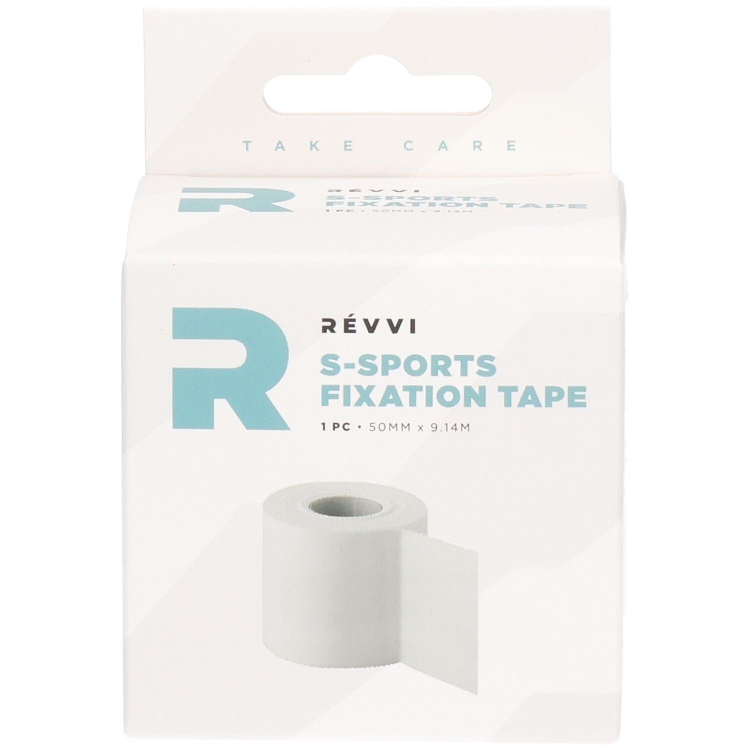 RÉVVI S-Sports Fixatietape. Witte rol in witte doos. 50 mm x 9,14 m. Merk en productnaam duidelijk zichtbaar.
