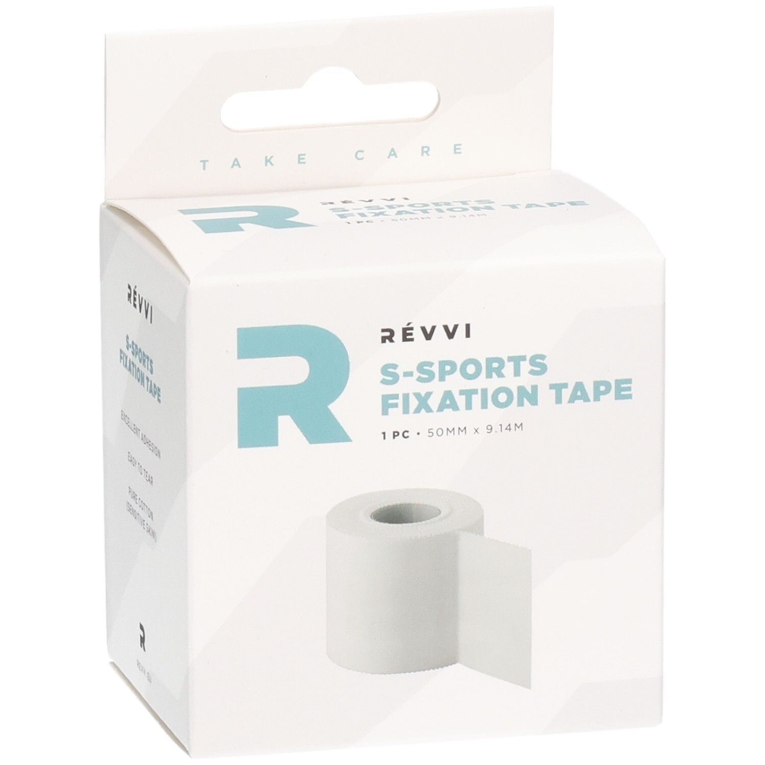 RÉVVI S-Sports Fixatietape. Witte rol in witte doos. 50 mm x 9,14 m. Merk en productnaam duidelijk zichtbaar.