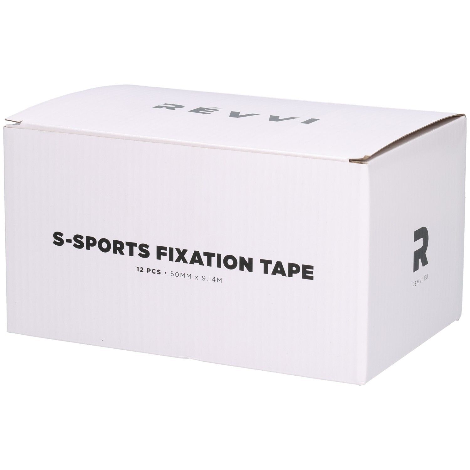 Witte doos met tekst S-SPORTS FIXATION TAPE, 12 stuks, 50 mm x 9,14 m. Logo Révvi.