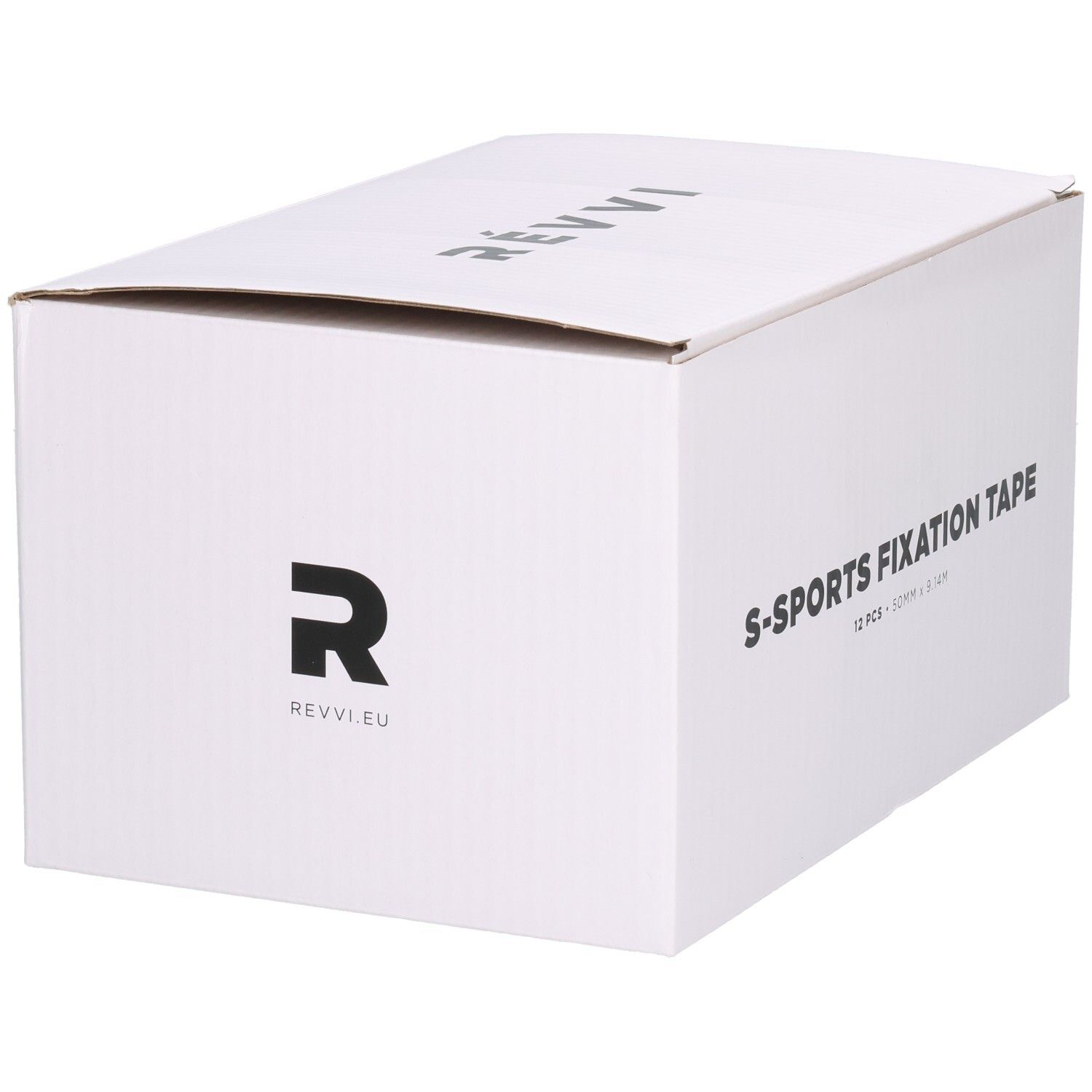 Witte doos met tekst S-SPORTS FIXATION TAPE, 12 stuks, 50 mm x 9,14 m. Logo Révvi.