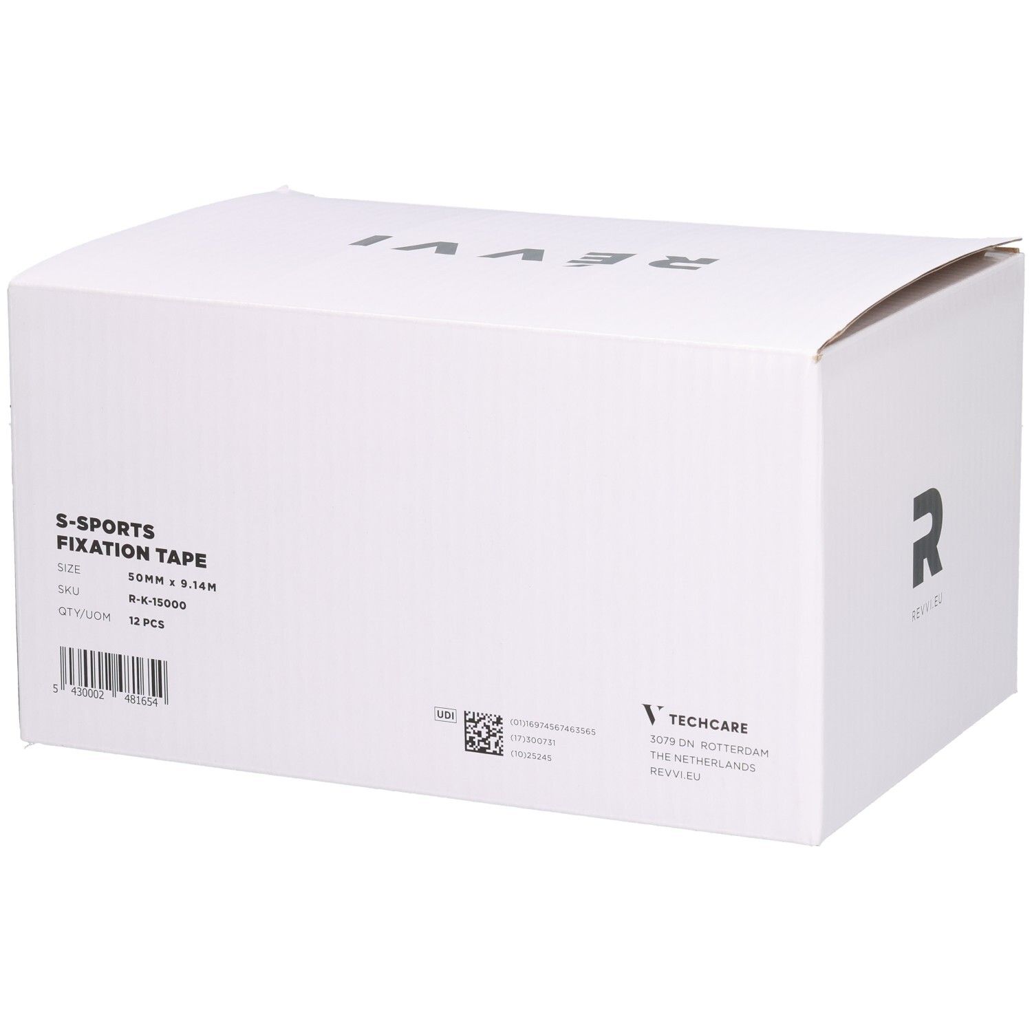 Witte doos met tekst S-SPORTS FIXATION TAPE, 12 stuks, 50 mm x 9,14 m. Logo Révvi.