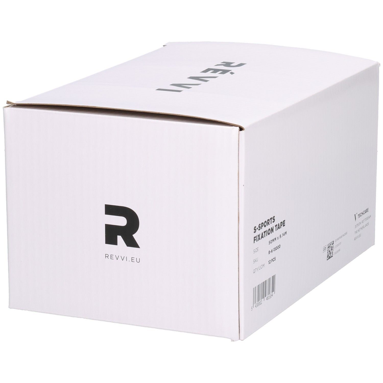 Witte doos met tekst S-SPORTS FIXATION TAPE, 12 stuks, 50 mm x 9,14 m. Logo Révvi.