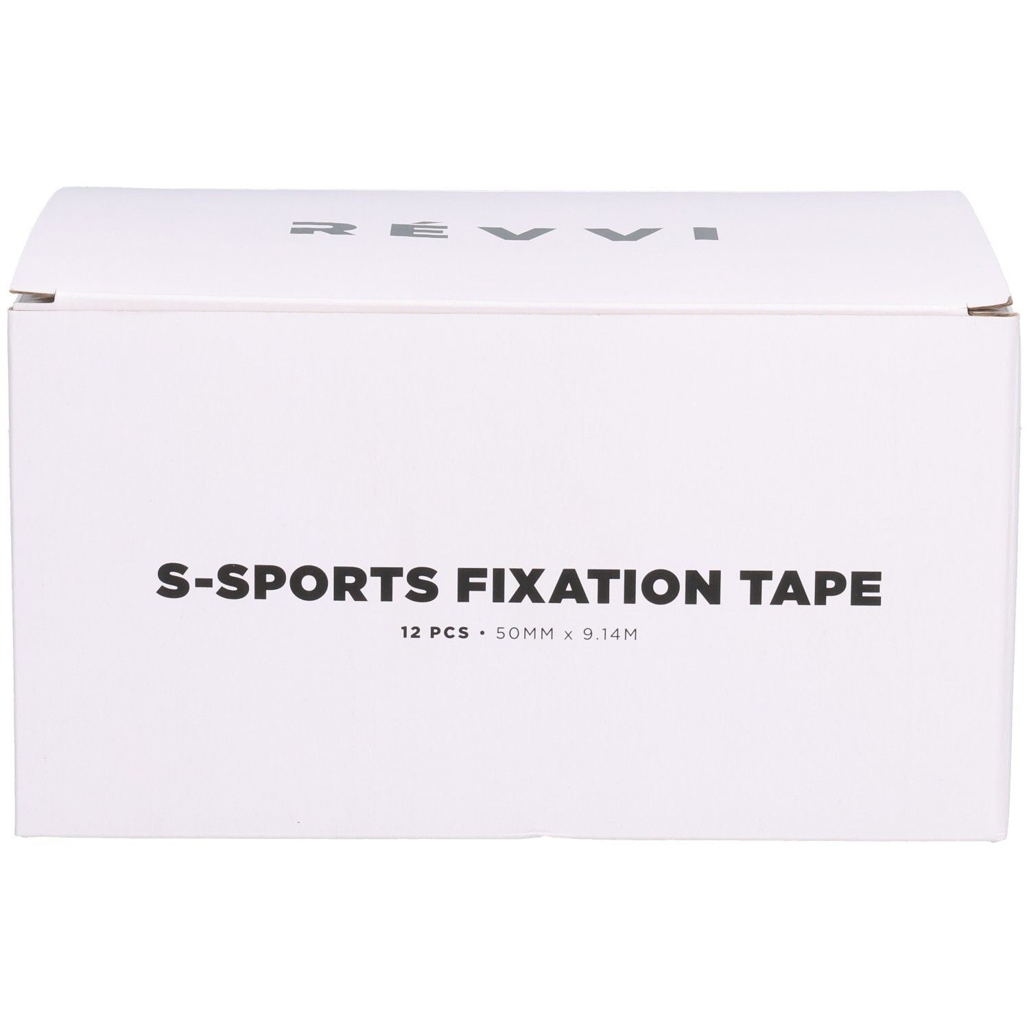 Witte doos met tekst S-SPORTS FIXATION TAPE, 12 stuks, 50 mm x 9,14 m. Logo Révvi.